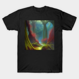 Beautiful Lake Under Colorful Fantasy Plants in a Digital Painting Style T-Shirt